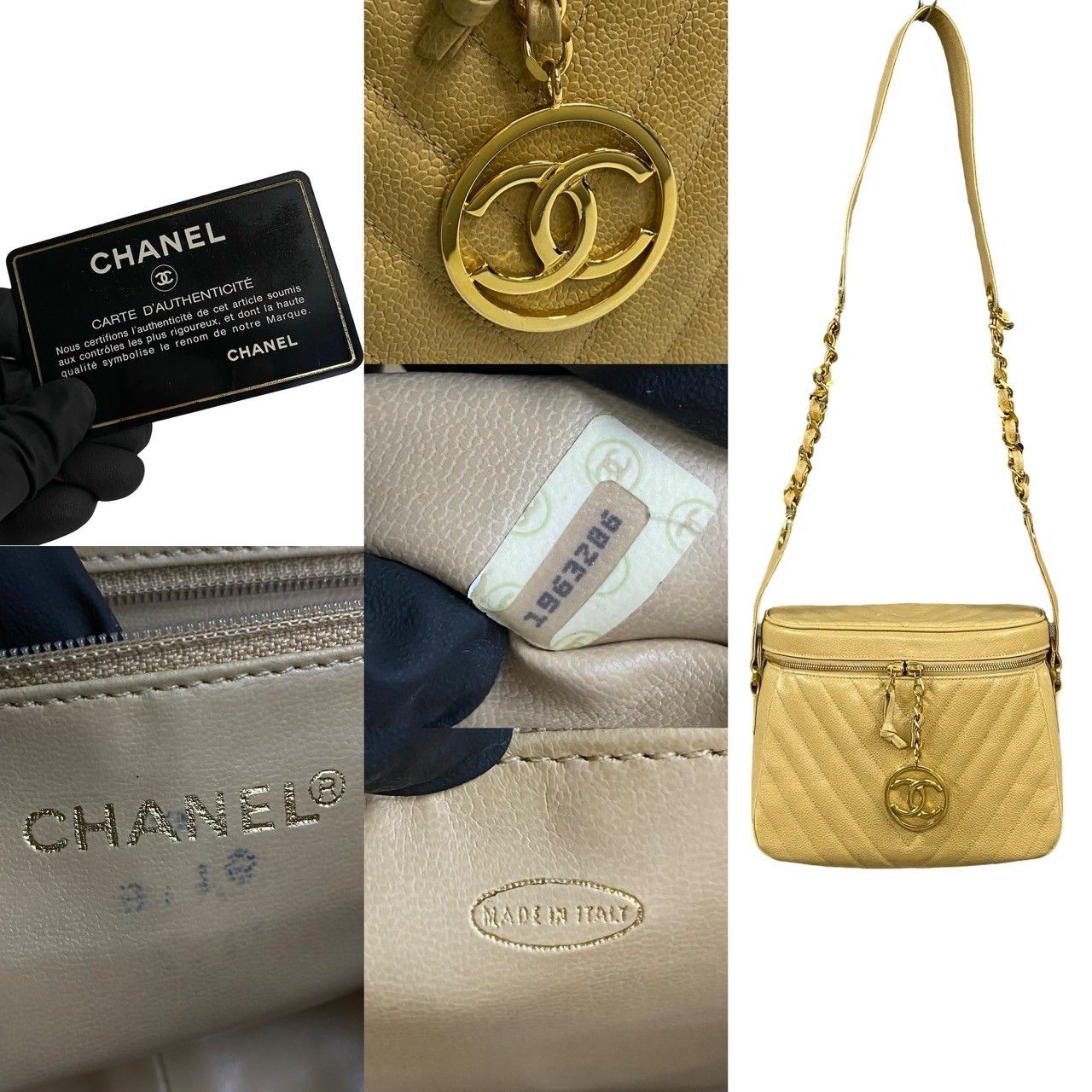Chanel Card with Stitch CC Logo Caviar Leather Chain Shoulder Bag Beige — view 3