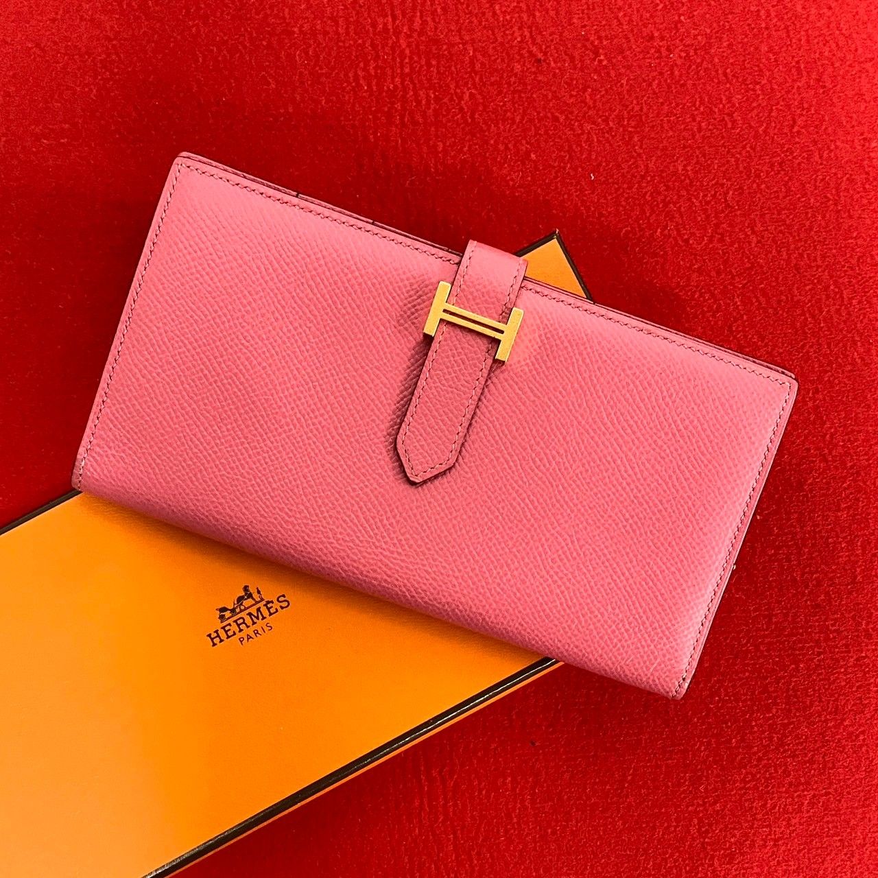 Hermes Bearn Souffle Veau Epsom Bifold Wallet Bill Purse Coin Pink