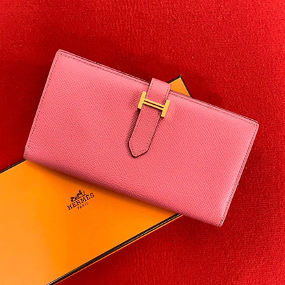 Hermes Bearn Souffle Veau Epsom Bifold Wallet Bill Purse Coin Pink