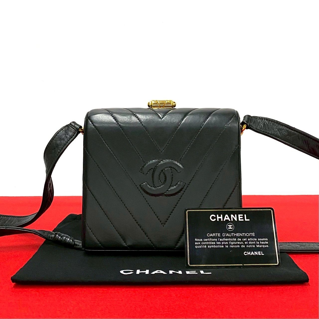Chanel Card Stitch Coco Lambskin Leather Shoulder Bag Pochette Black
