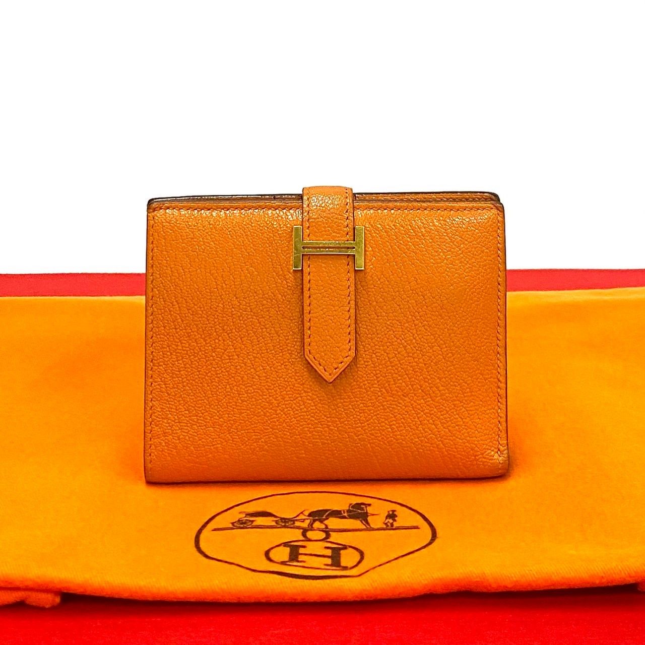 Hermes Bearn Compact Chevre Leather Bifold Wallet Mini Orange