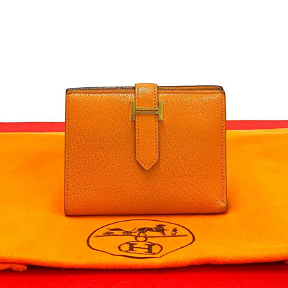 Hermes Bearn Compact Chevre Leather Bifold Wallet Mini Orange