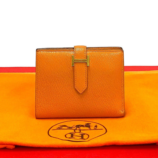Hermes Bearn Compact Chevre Leather Bifold Wallet Mini Orange