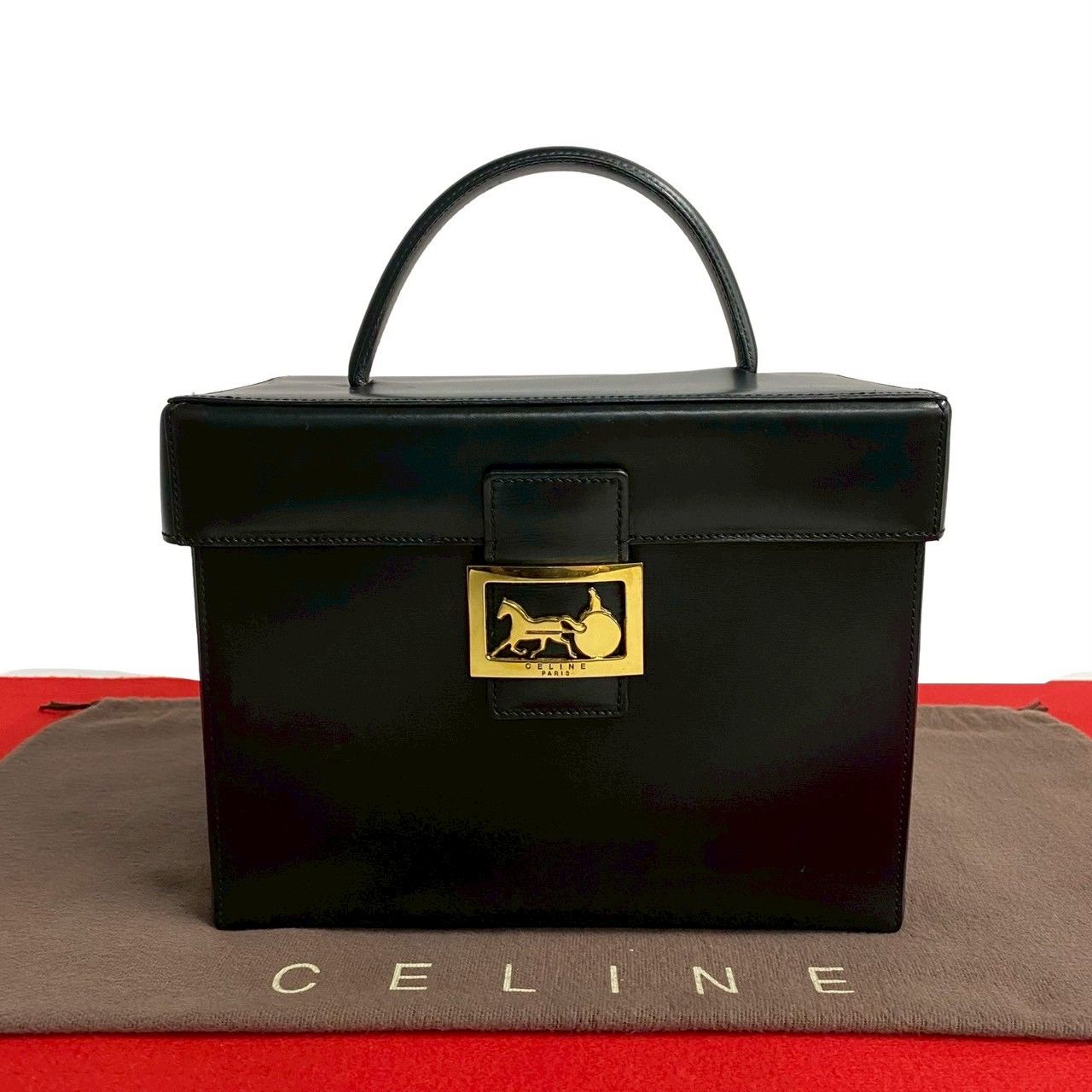 Celine Vintage Logo Carriage Calf Leather Handbag Vanity Back Makeup Box Black