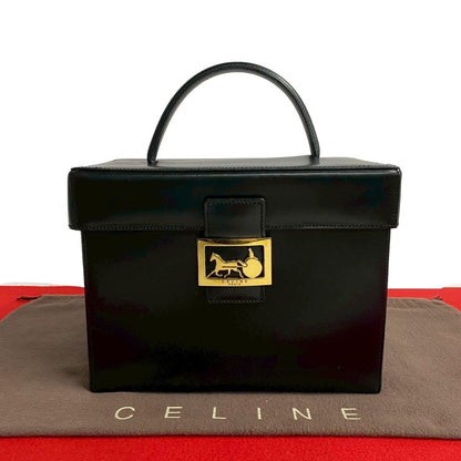 Celine Vintage Logo Carriage Calf Leather Handbag Vanity Back Makeup Box Black