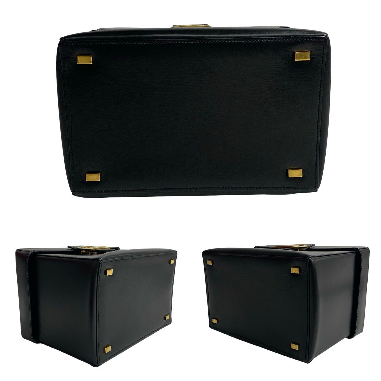 Celine Vintage Logo Carriage Calf Leather Handbag Vanity Back Makeup Box Black — view 6