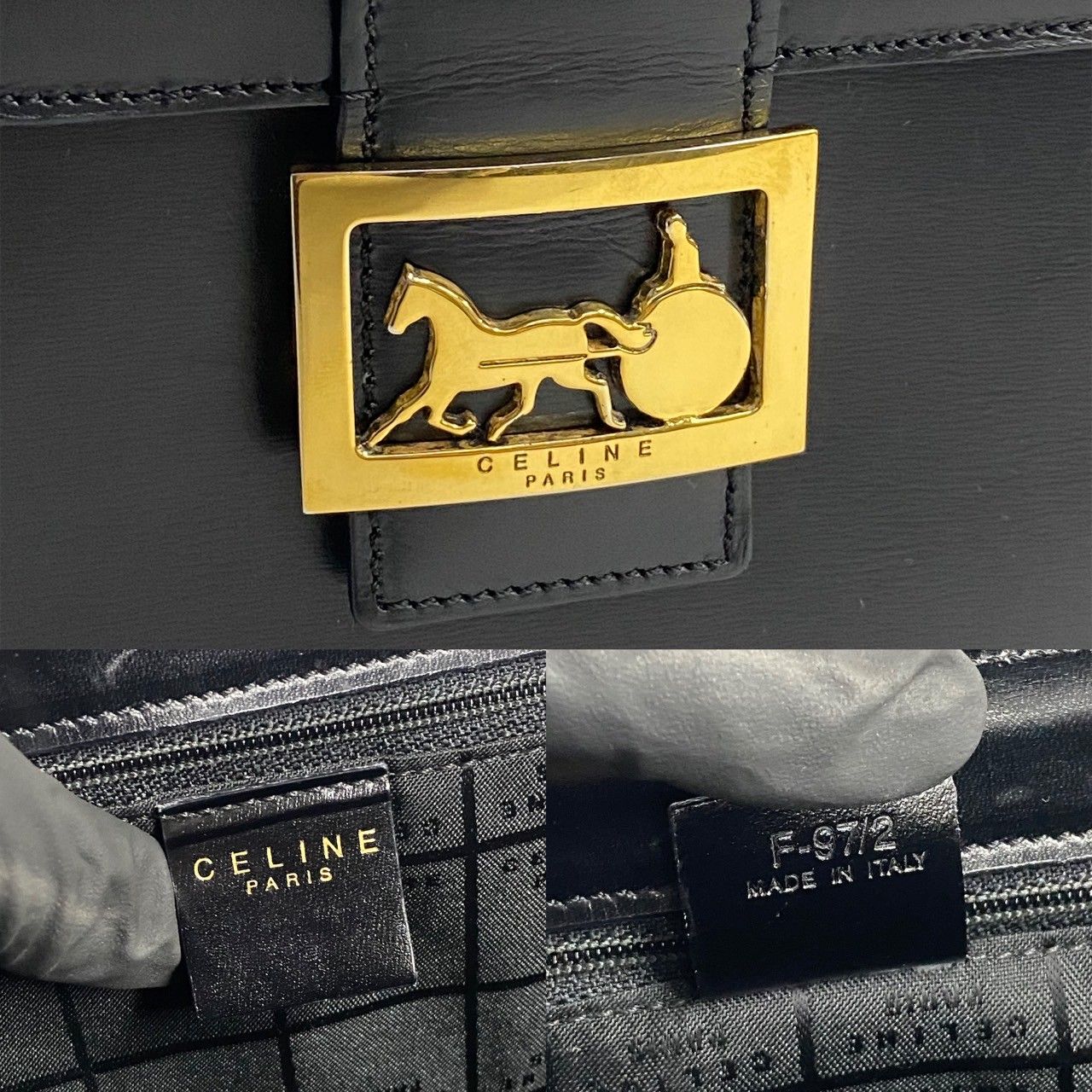 Celine Vintage Logo Carriage Calf Leather Handbag Vanity Back Makeup Box Black — view 3