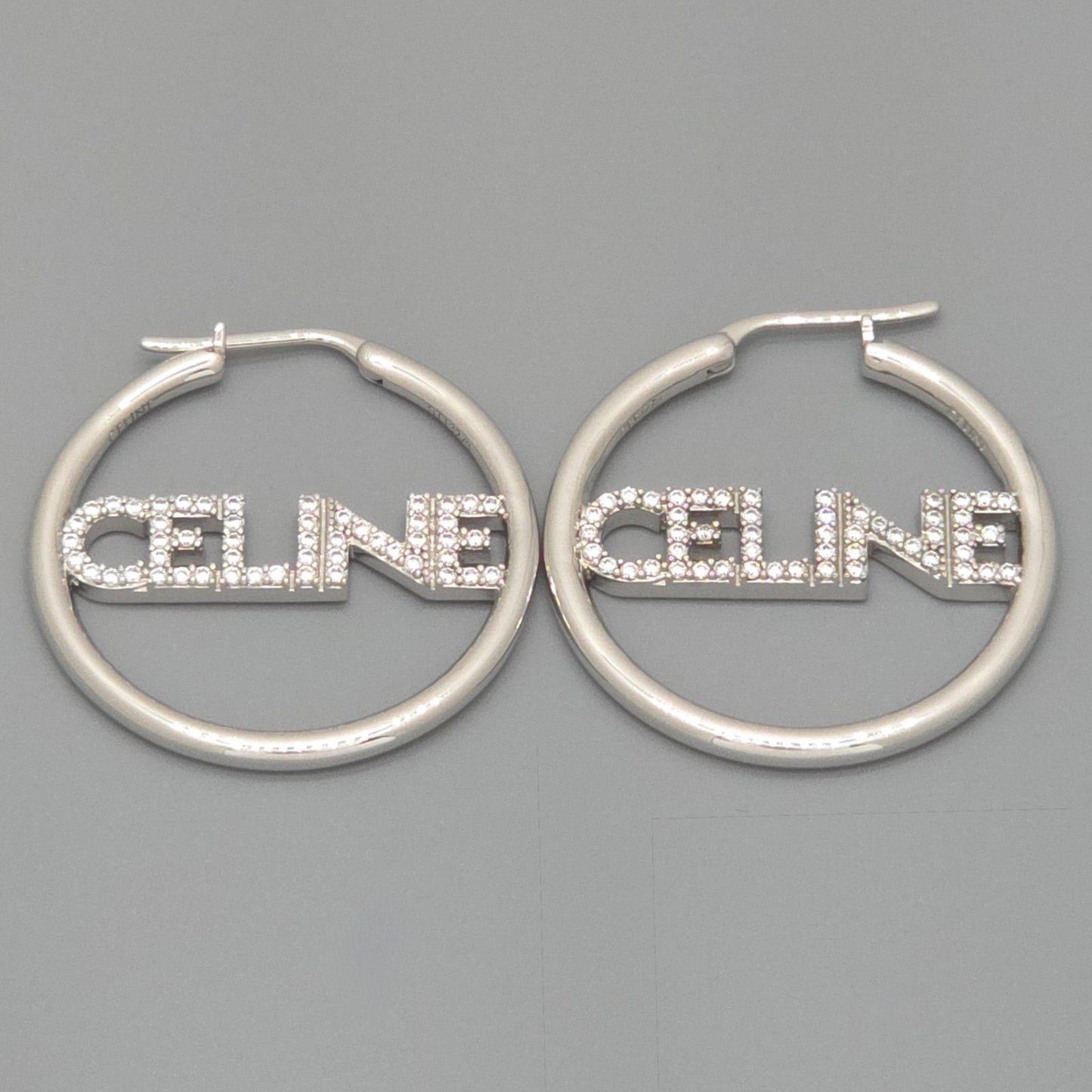 Celine Monochrome Strass Hoop Earrings Logo Crystal Rhodium Finish Brass Box