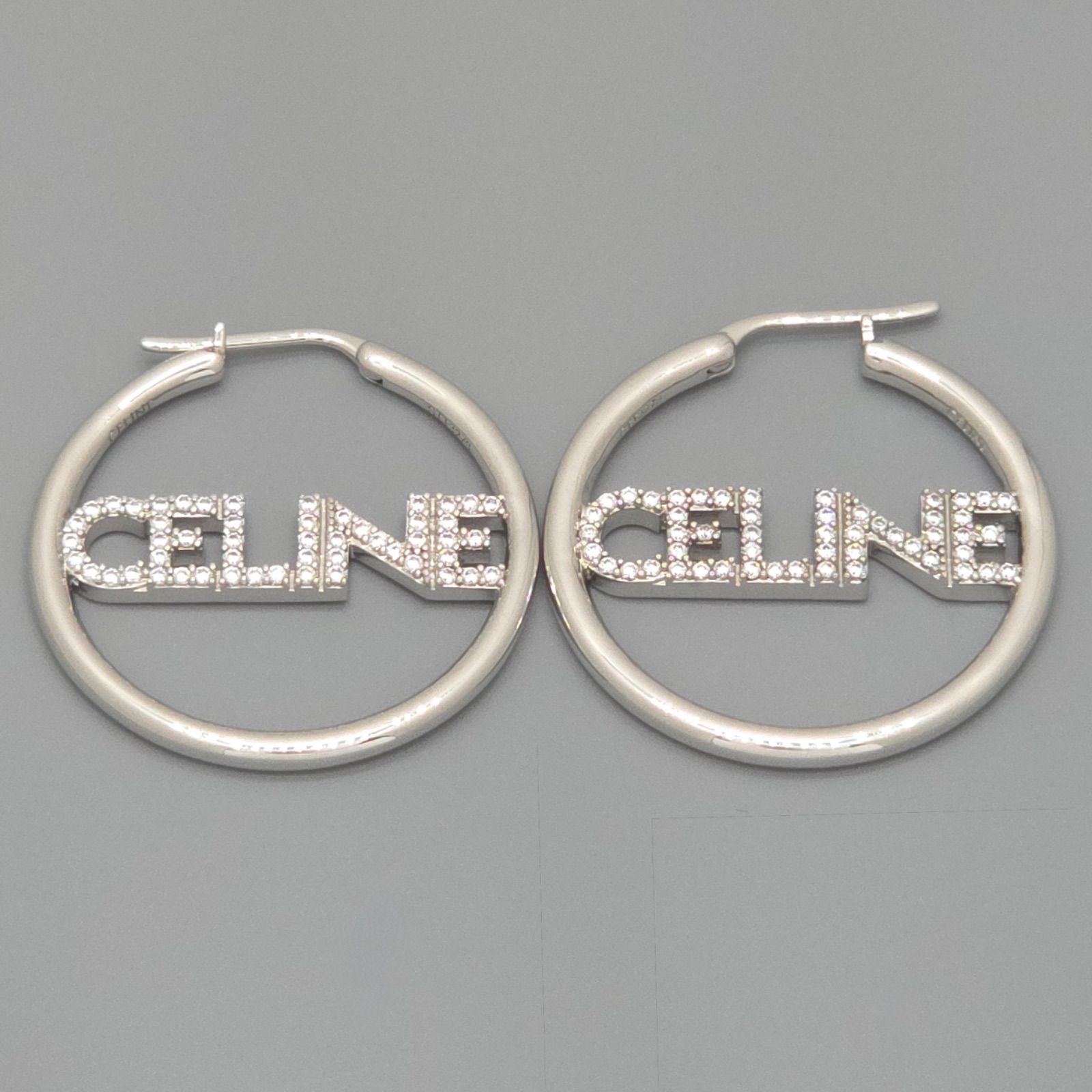 Celine Monochrome Strass Hoop Earrings Logo Crystal Rhodium Finish Brass Box