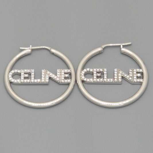 Celine Monochrome Strass Hoop Earrings Logo Crystal Rhodium Finish Brass Box