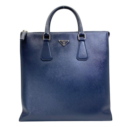 Prada Business Tote Triangle Logo Saffiano Leather Navy Capacity Easy to Use