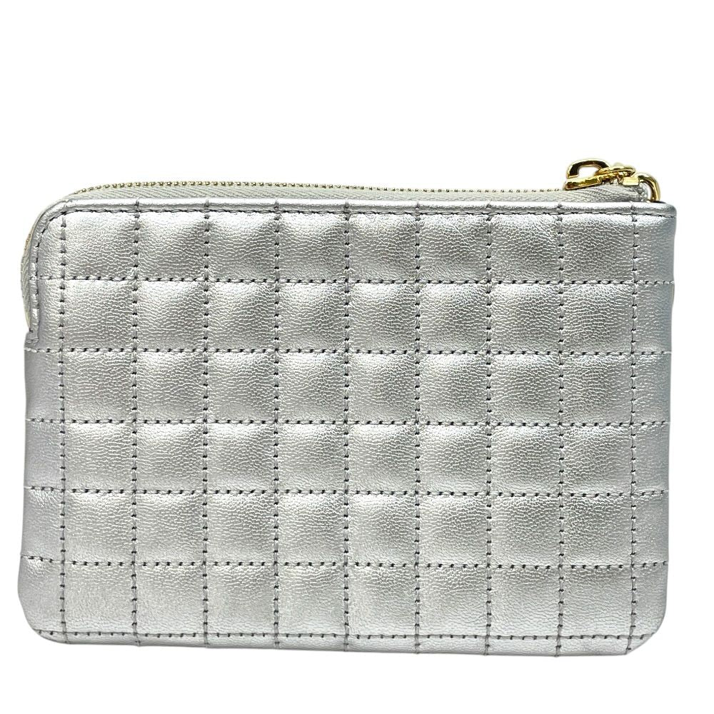 Celine C Charm Coin Purse Card Case Mini Pouch Quilted Leather Silver Simple — view 2
