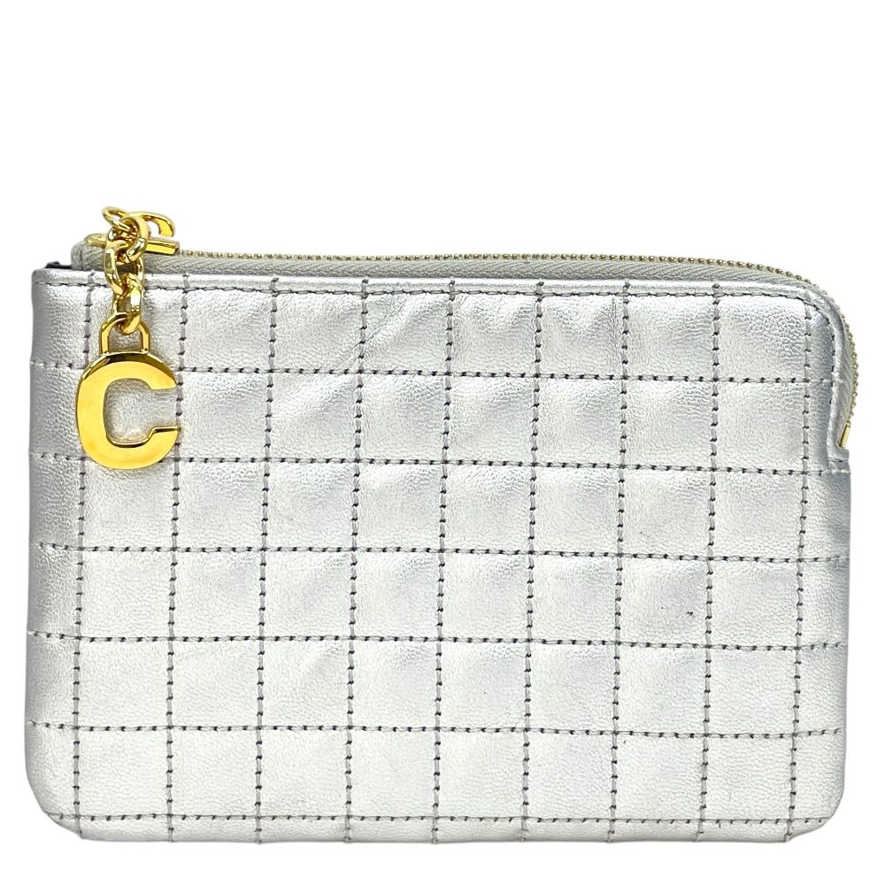 Celine C Charm Coin Purse Card Case Mini Pouch Quilted Leather Silver Simple