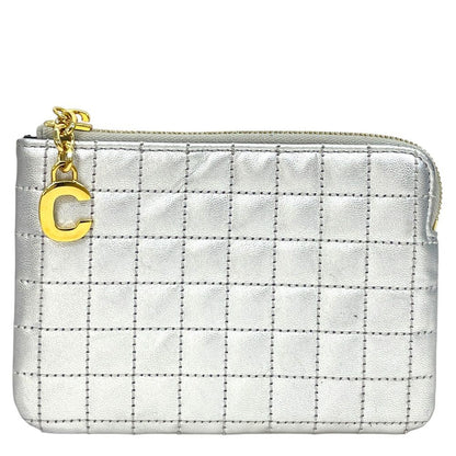 Celine C Charm Coin Purse Card Case Mini Pouch Quilted Leather Silver Simple