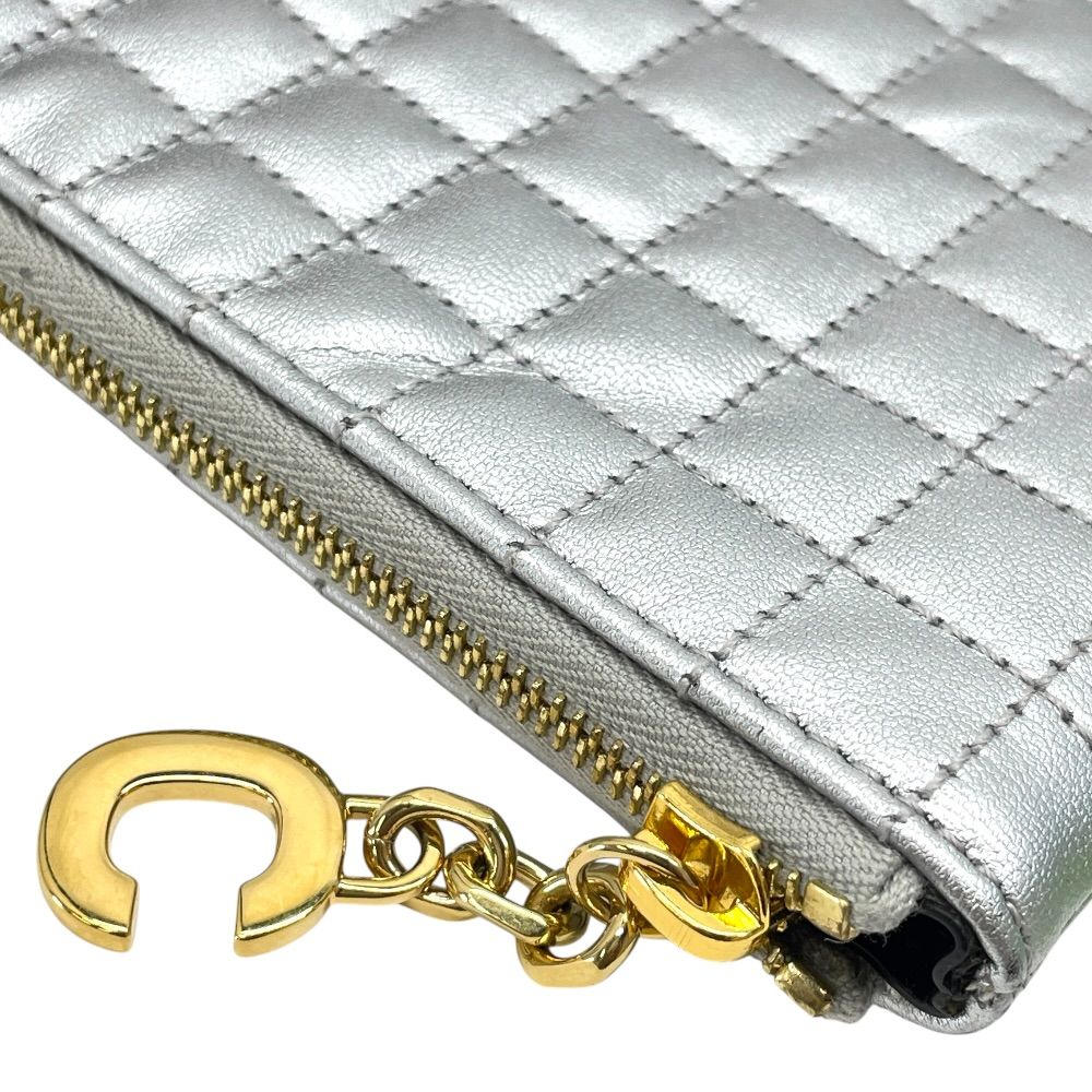 Celine C Charm Coin Purse Card Case Mini Pouch Quilted Leather Silver Simple — view 3