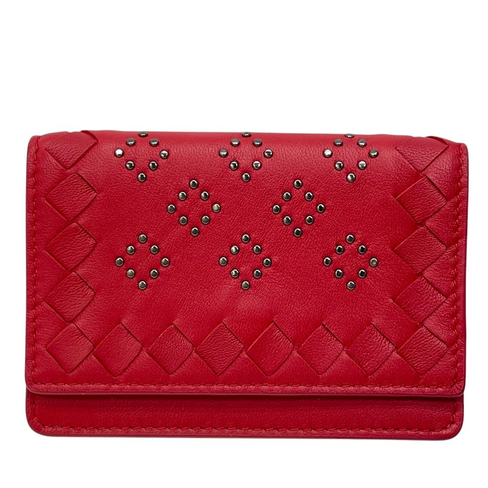 Bottega Veneta Intrecciato Studs Card Case Business Holder Bifold Leather Red