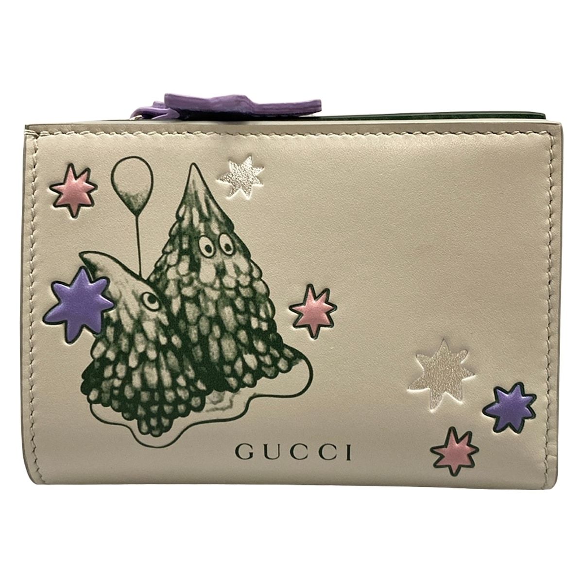 Gucci Bifold Wallet Yuko Higuchi Light Gray Dark Green Multi Embossed L-shaped