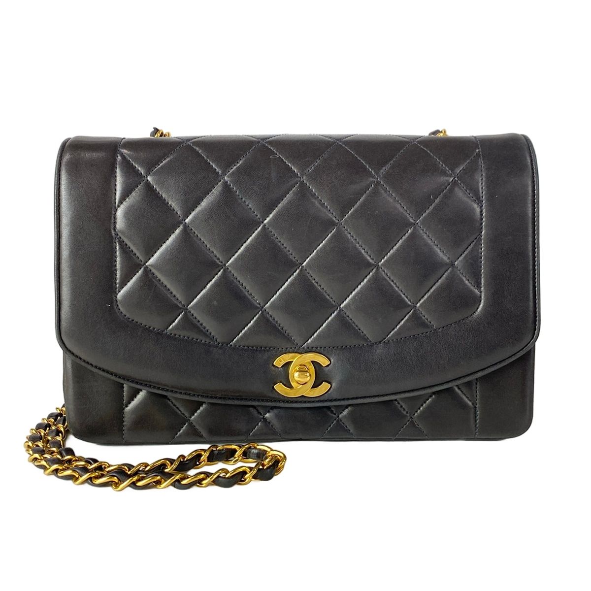 Chanel Shoulder Bag Diana Flap Quilted Black Chain Gold Lambskin
