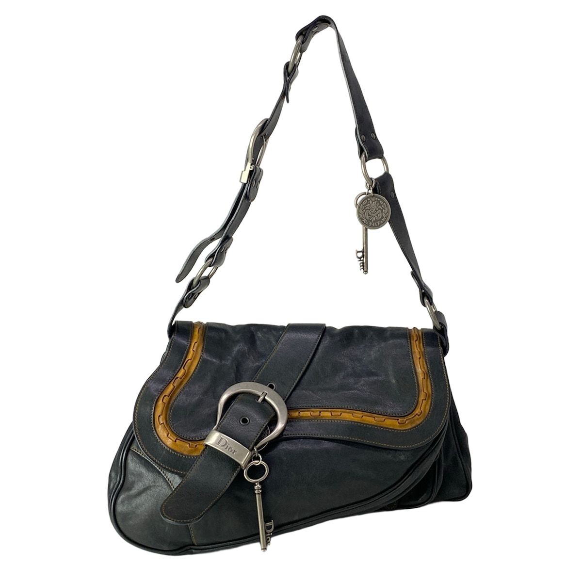 Dior Shoulder Bag Gaucho Black Light Brown Leather
