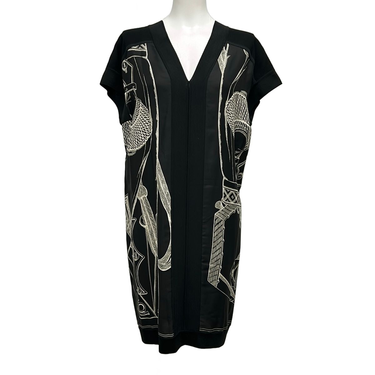 Hermes Dress 38 M Black White Short Sleeve Zouaves Et Dragons Finesse Neck Knee