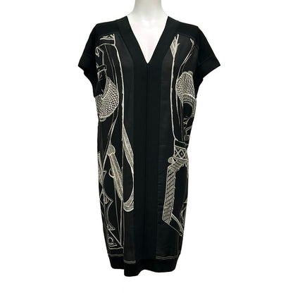Hermes Dress 38 M Black White Short Sleeve Zouaves Et Dragons Finesse Neck Knee
