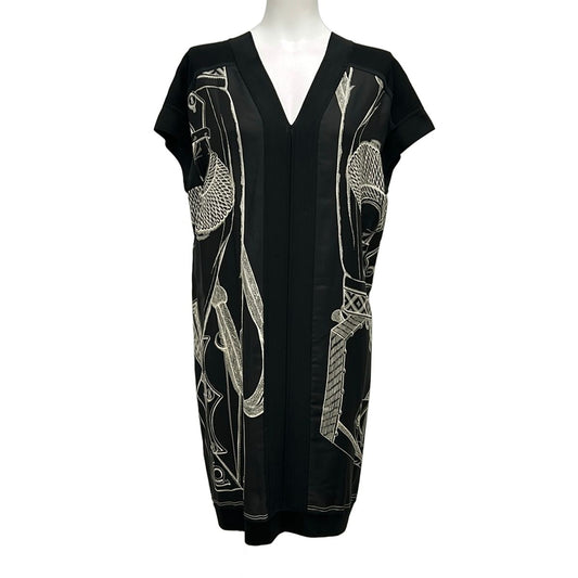 Hermes Dress 38 M Black White Short Sleeve Zouaves Et Dragons Finesse Neck Knee