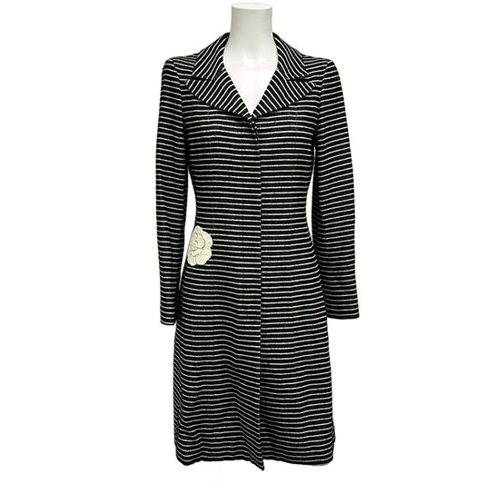 Chanel Coat 36 S Black White Long Sleeve Border Camellia Autumn Cotton Wool