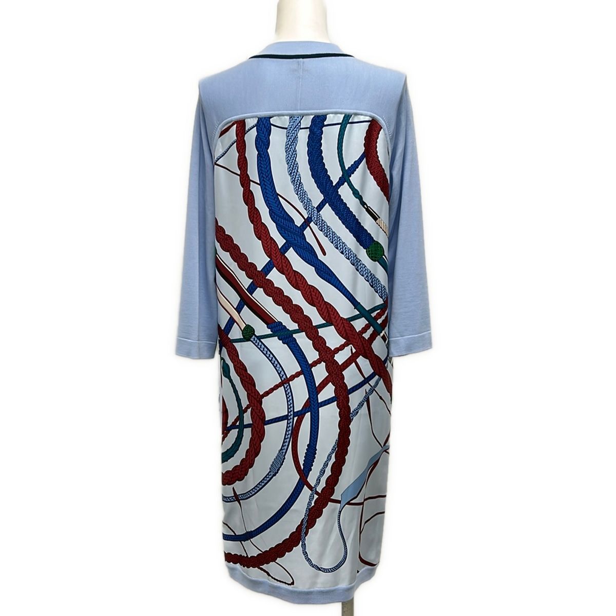 Hermes Dress 36 S Light Blue Bordeaux Multi V-neck Long Fouets ET Badines Wool — view 2