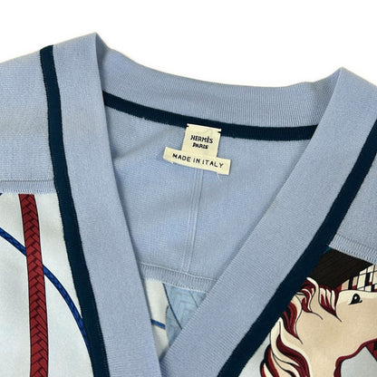Hermes Dress 36 S Light Blue Bordeaux Multi V-neck Long Fouets ET Badines Wool — view 8
