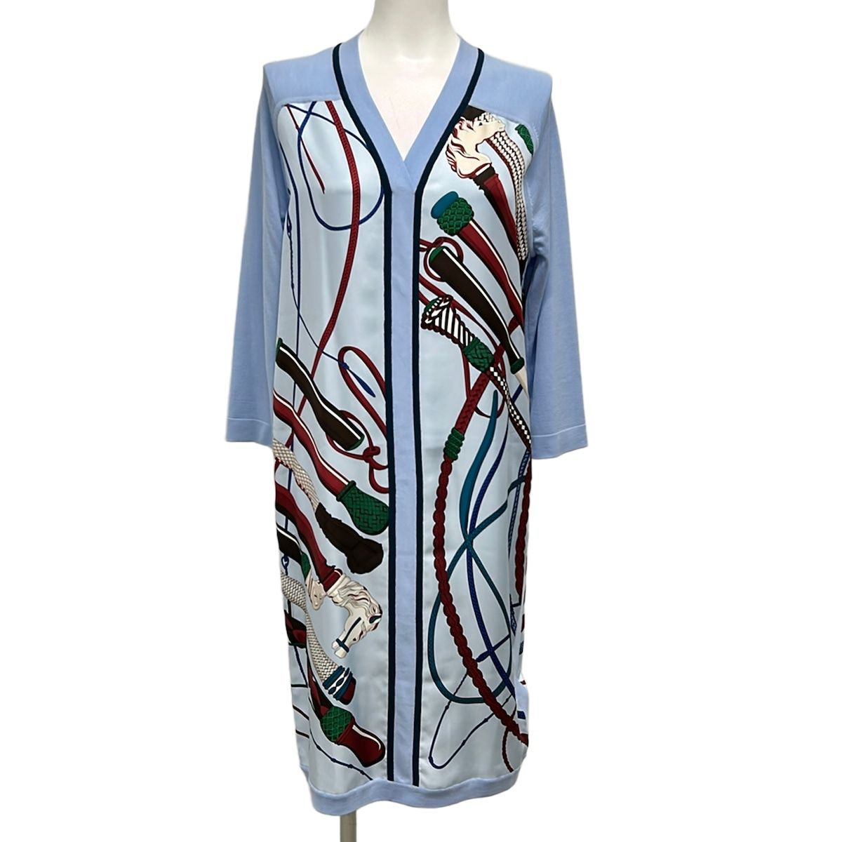 Hermes Dress 36 S Light Blue Bordeaux Multi V-neck Long Fouets ET Badines Wool