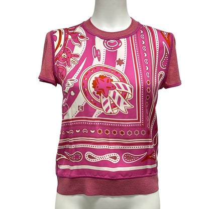 Hermes Short Sleeve Top 36 S Pink White Red Crew Neck Candy Libris Bandana Wool