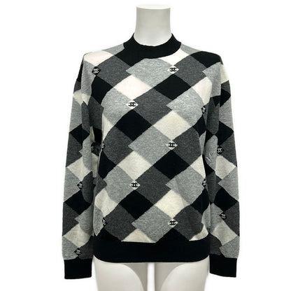 Chanel Long Sleeve Sweater 38 M Black Gray White Cashmere CC Logo