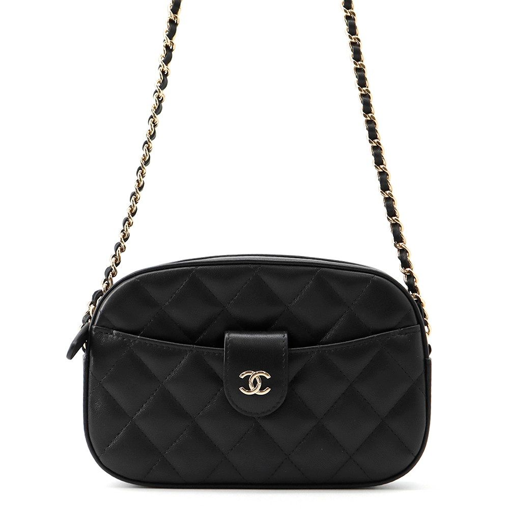 Chanel Chain Shoulder Bag Quilted CC Logo Caviar Leather Black