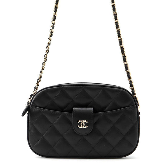 Chanel Chain Shoulder Bag Quilted CC Logo Caviar Leather Black