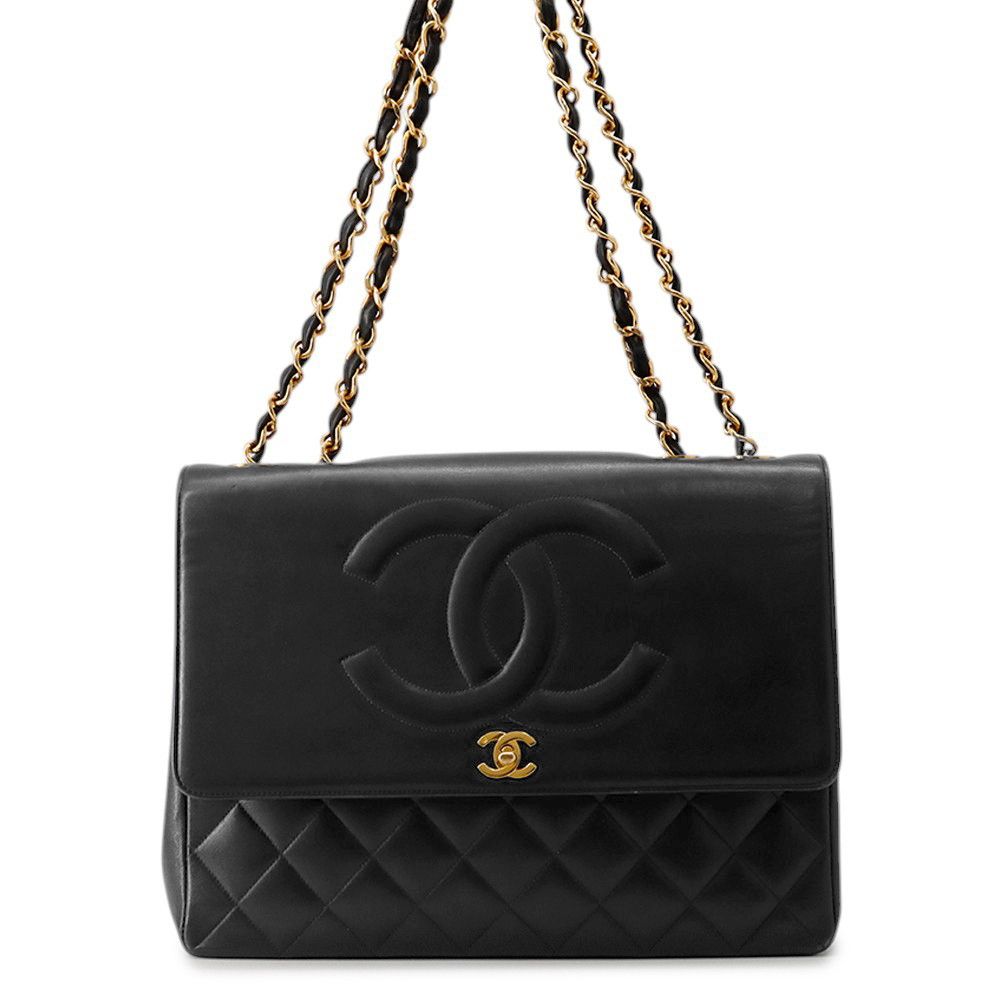 Chanel Chain Shoulder Bag Quilted CC Logo Jumbo CC Double Caviar Leather Black
