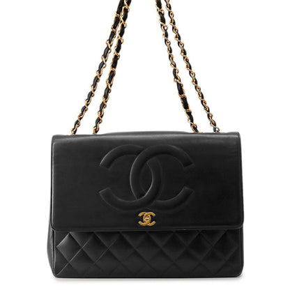 Chanel Chain Shoulder Bag Quilted CC Logo Jumbo CC Double Caviar Leather Black