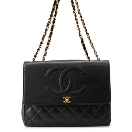 Chanel Chain Shoulder Bag Quilted CC Logo Jumbo CC Double Caviar Leather Black