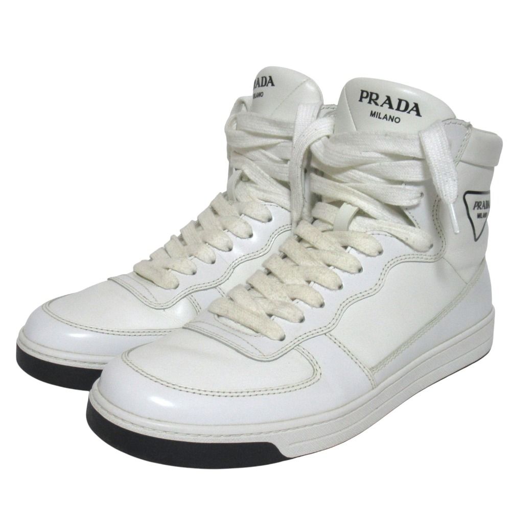 Prada Triangle Logo Leather High Cut Sneakers Shoes 179 8.5 White