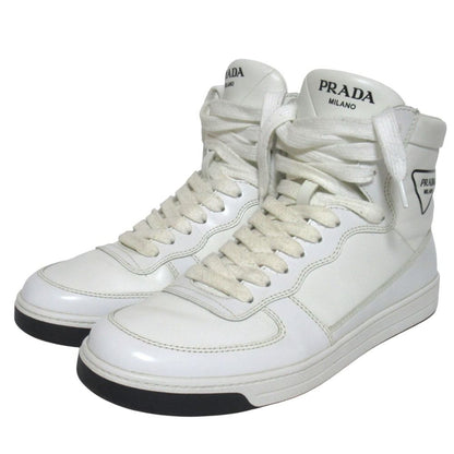 Prada Triangle Logo Leather High Cut Sneakers Shoes 179 8.5 White