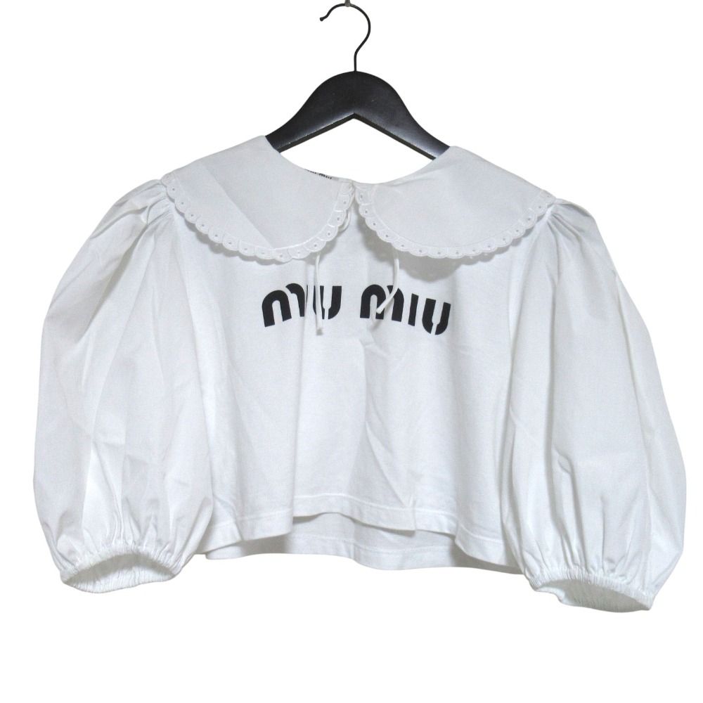 Miu Miu Miu Logo Print Frill Color Puff Sleeve Pullover Blouse XS White Sweater