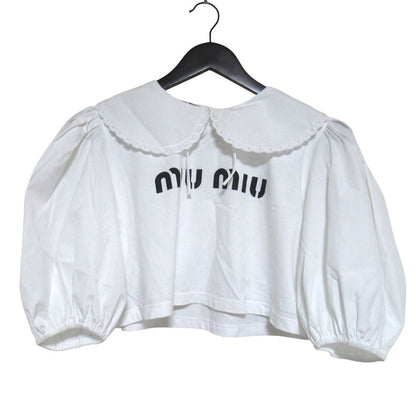 Miu Miu Miu Logo Print Frill Color Puff Sleeve Pullover Blouse XS White Sweater