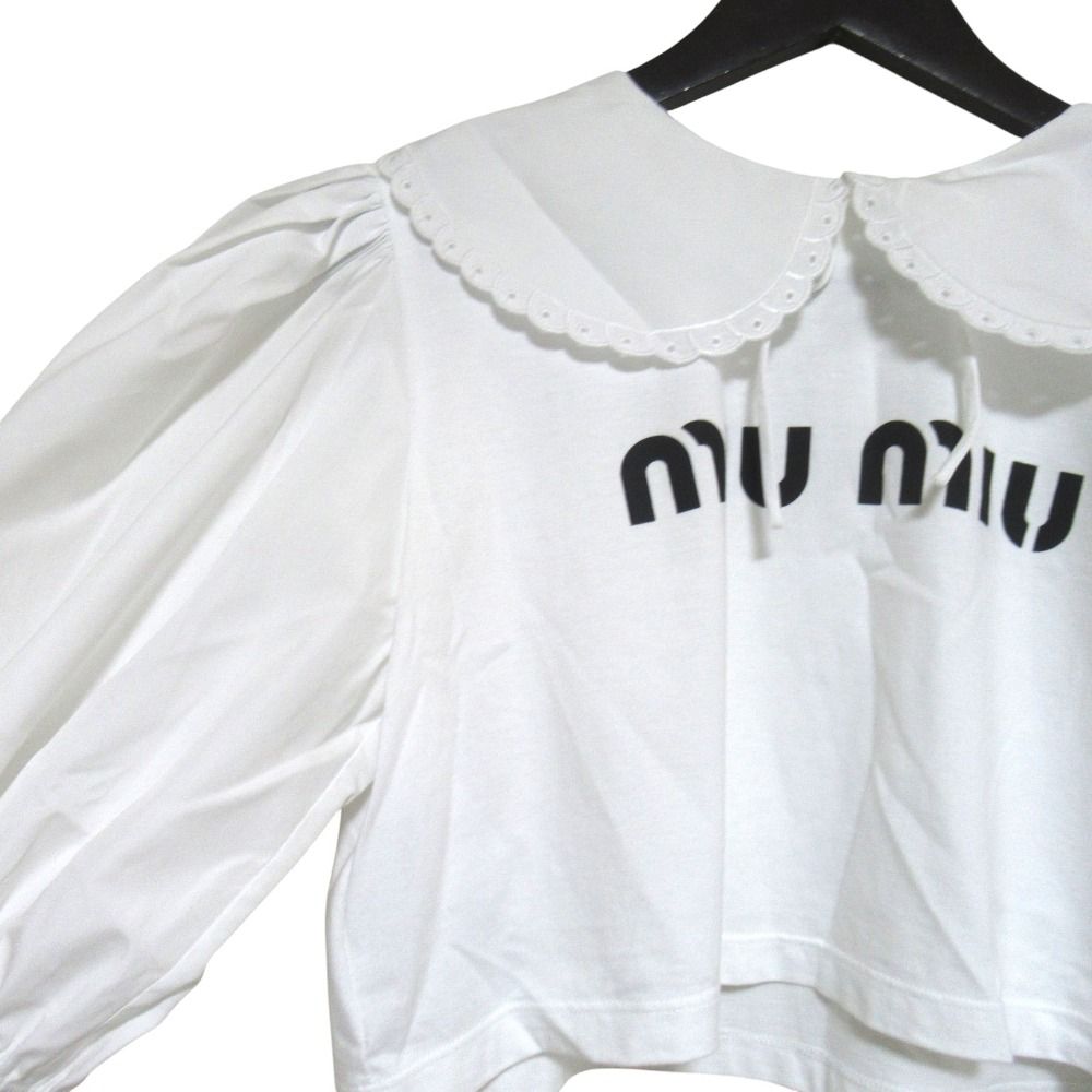 Miu Miu Miu Logo Print Frill Color Puff Sleeve Pullover Blouse XS White Sweater — view 3