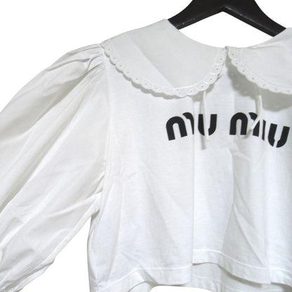 Miu Miu Miu Logo Print Frill Color Puff Sleeve Pullover Blouse XS White Sweater — view 3