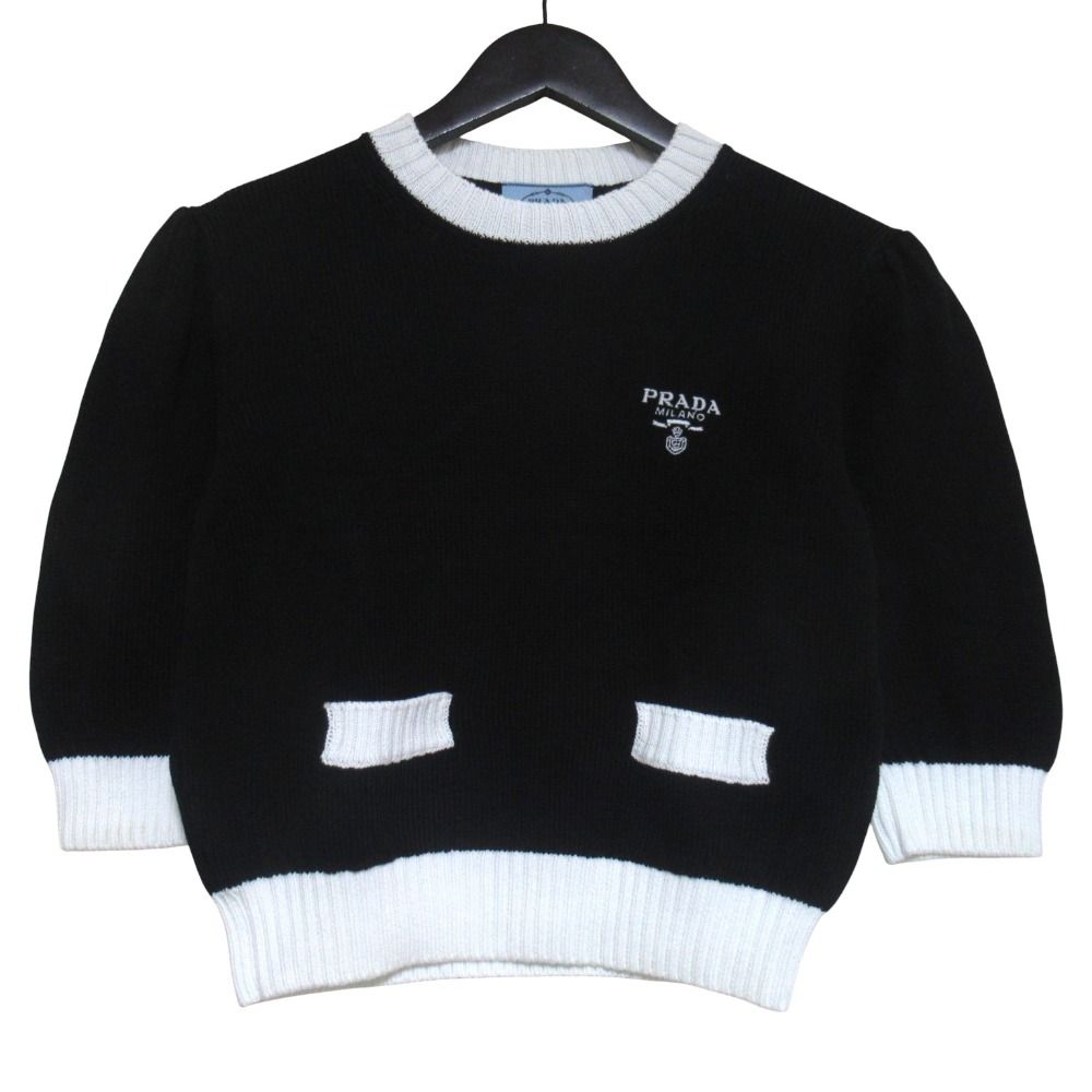 Prada Logo Embroidery Bicolor Cropped Short Sleeve Knit Sweater 38 165 Black