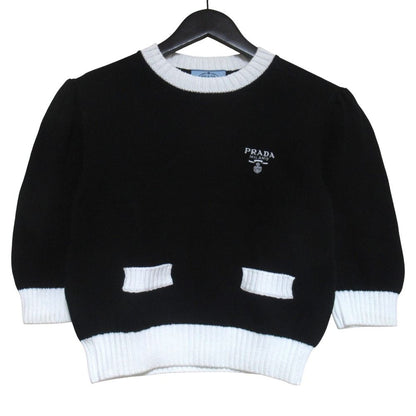 Prada Logo Embroidery Bicolor Cropped Short Sleeve Knit Sweater 38 165 Black