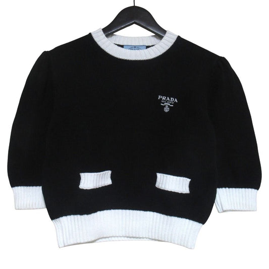 Prada Logo Embroidery Bicolor Cropped Short Sleeve Knit Sweater 38 165 Black