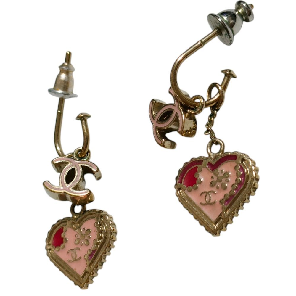 Chanel CC Logo Heart Swing Hook Earrings Gold Color Pink Red — view 2