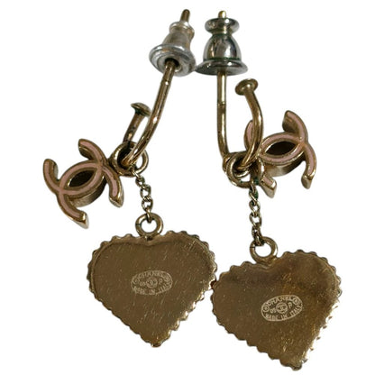 Chanel CC Logo Heart Swing Hook Earrings Gold Color Pink Red — view 3