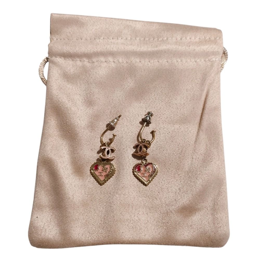 Chanel CC Logo Heart Swing Hook Earrings Gold Color Pink Red — view 8