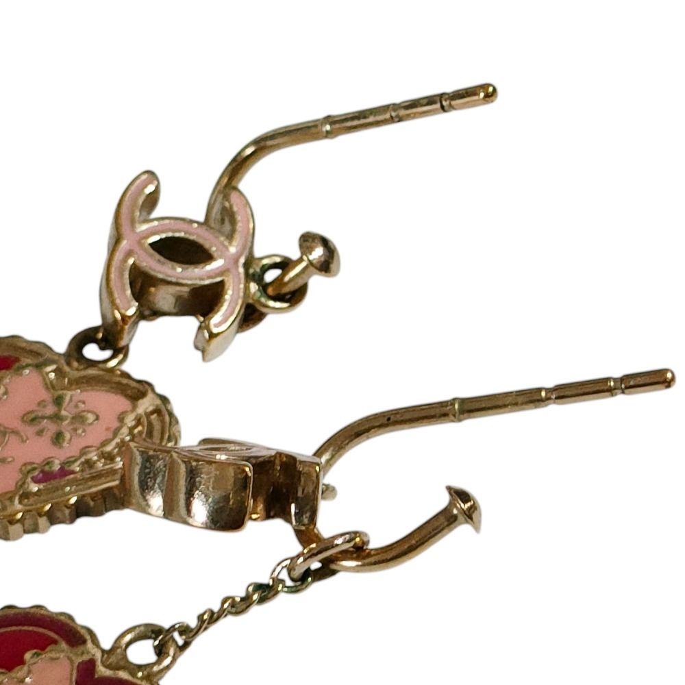 Chanel CC Logo Heart Swing Hook Earrings Gold Color Pink Red — view 5